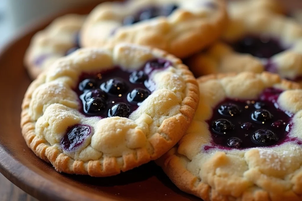 Close up of a freshly baked blueberry pie cookie with a bubbly blueberry filling