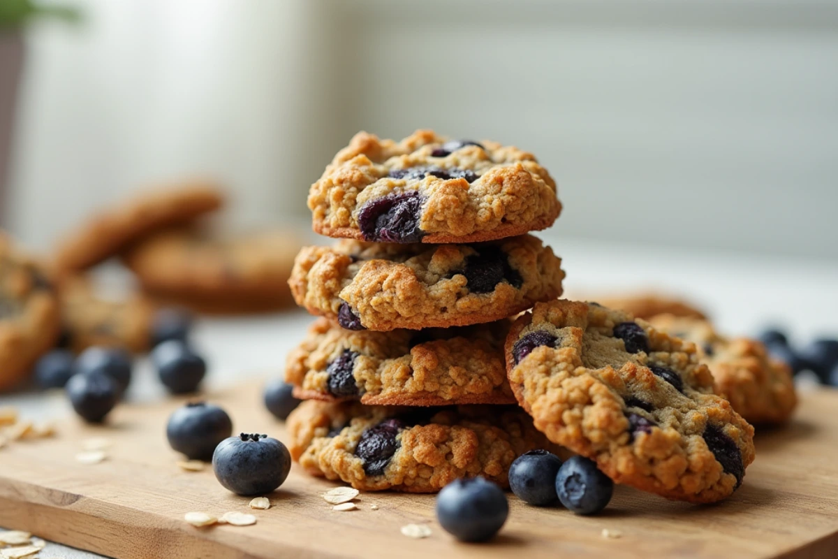 Freshly baked healthy blueberry oatmeal cookies with scattered blueberries.