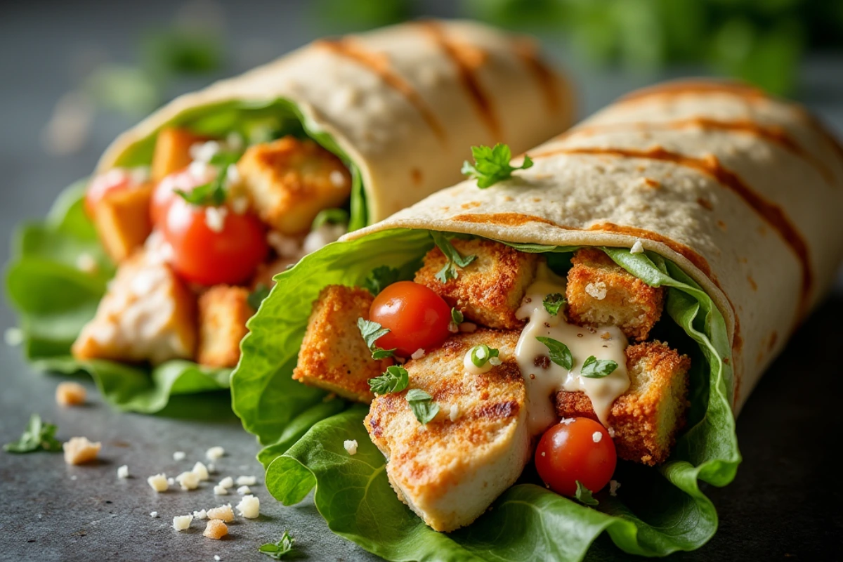 Close-up of a Classic Chicken Caesar Wrap, cut in half to show romaine lettuce, grilled chicken, parmesan, and Caesar dressing