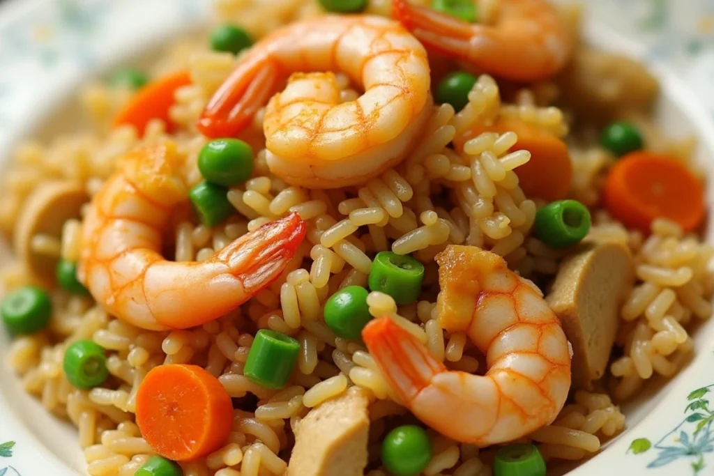 Shrimp and chicken fried rice in a ceramic bowl