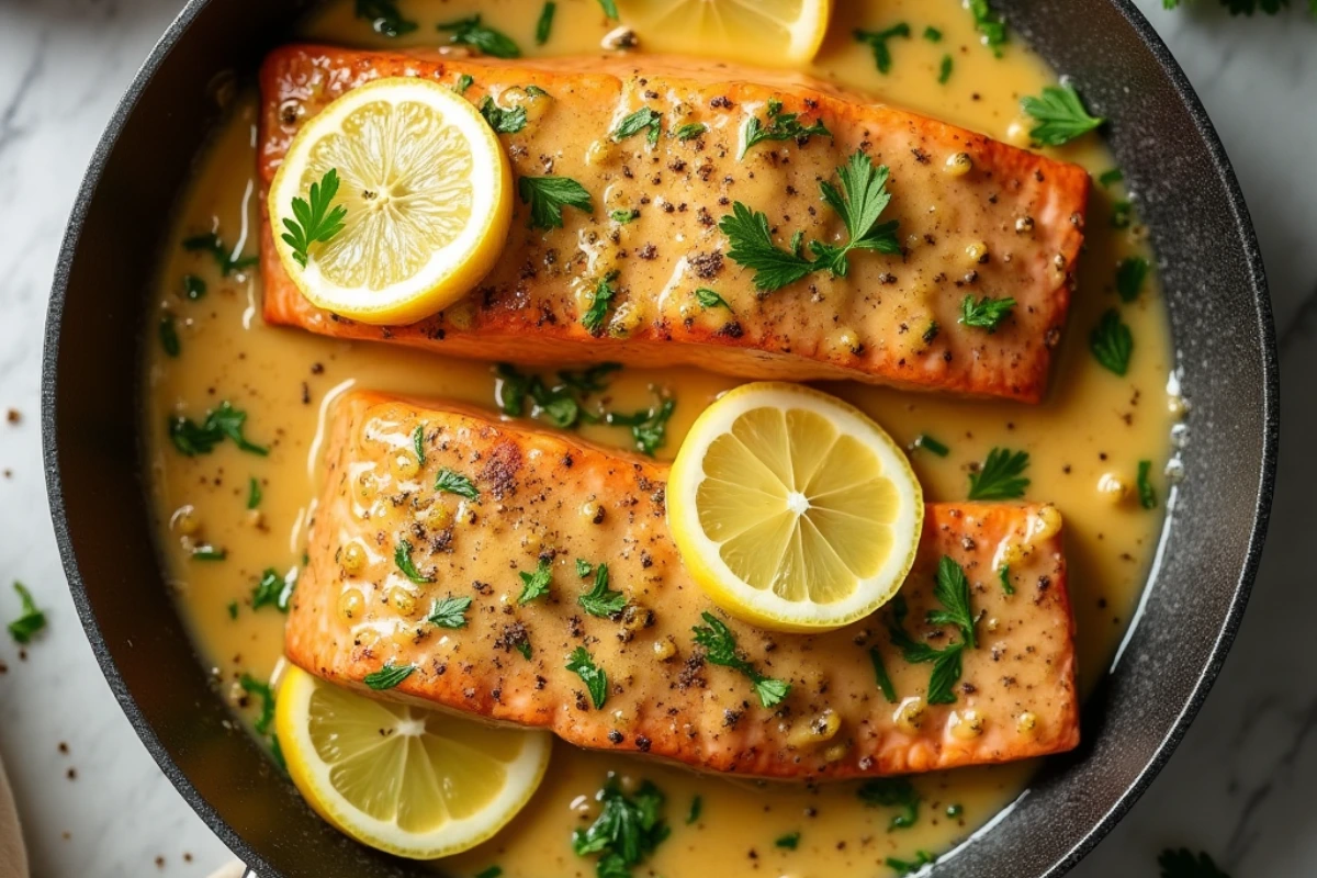 Creamy garlic salmon with fresh parsley on a white plate.