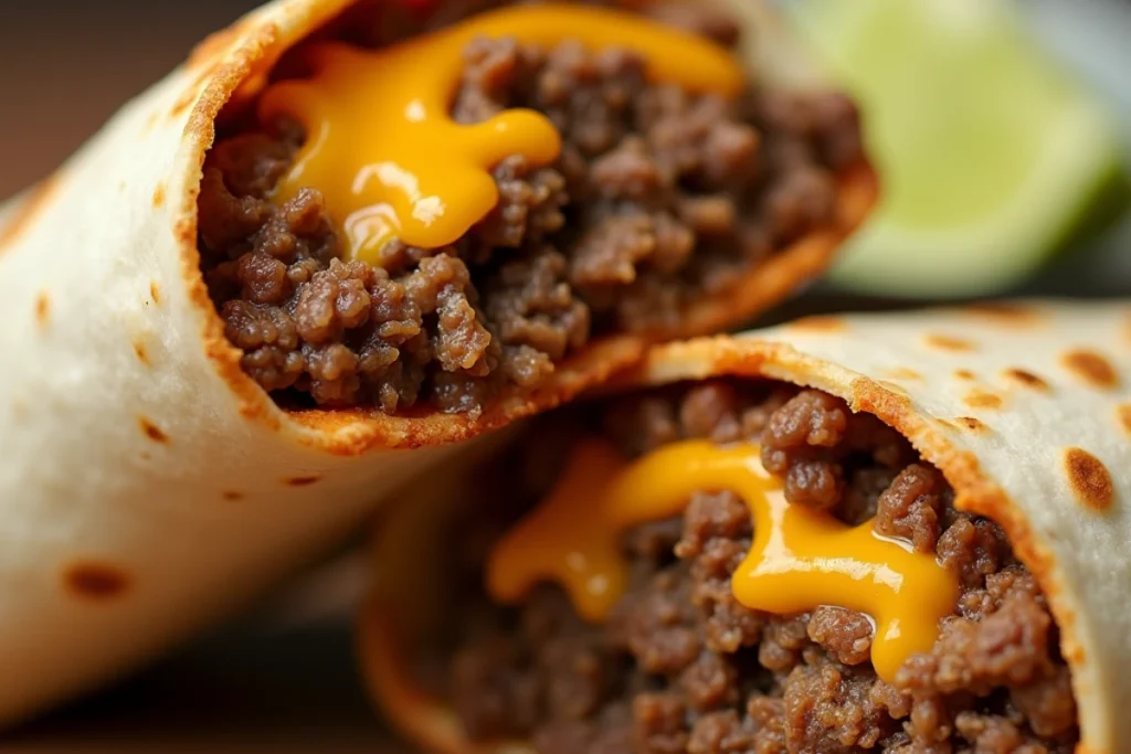 Close-up of a delicious beef and cheese burrito cut in half, showing the juicy filling and melted cheese.