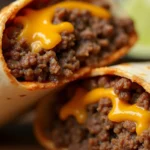 Close-up of a delicious beef and cheese burrito cut in half, showing the juicy filling and melted cheese.