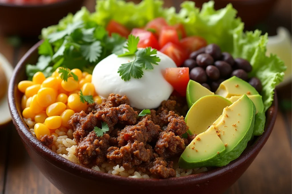 Close-up of a beef burrito bowl with seasoned ground beef, rice, beans, and fresh toppings.