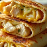 Stacked cheesy garlic chicken wraps with melted cheese and herbs.