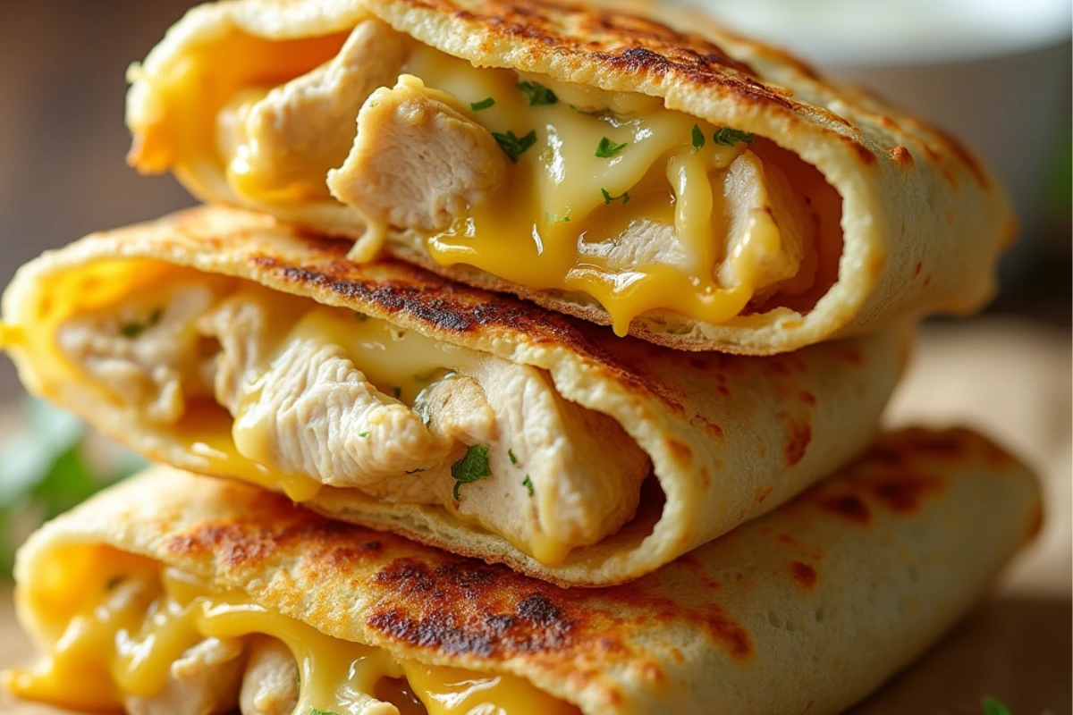 Stacked cheesy garlic chicken wraps with melted cheese and herbs.