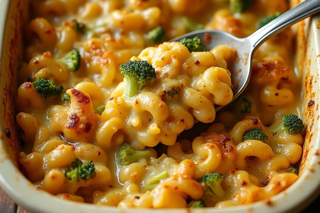 Homemade chicken broccoli pasta casserole recipe, ready to serve.