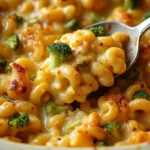 Homemade chicken broccoli pasta casserole recipe, ready to serve.