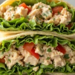 Close-up of a delicious chicken salad wrap cut in half, showing fresh ingredients on a rustic wood table.