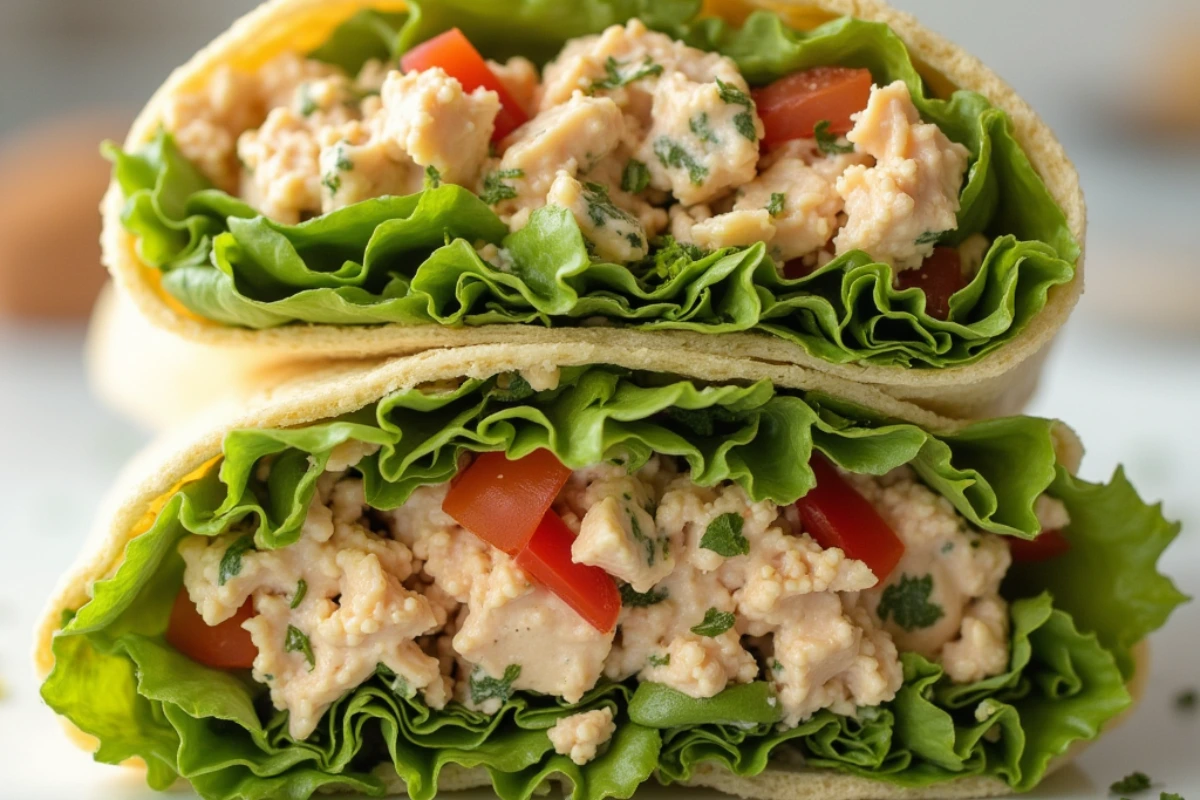 Close-up of a delicious chicken salad wrap cut in half, showing fresh ingredients on a rustic wood table.