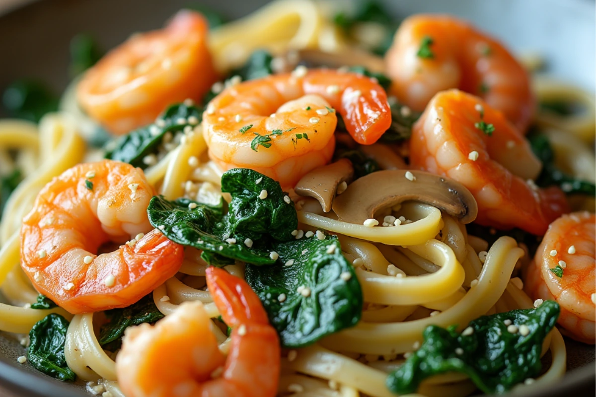 Bowl of creamy shrimp spinach mushroom pasta garnished with parsley and parmesan, close-up view.