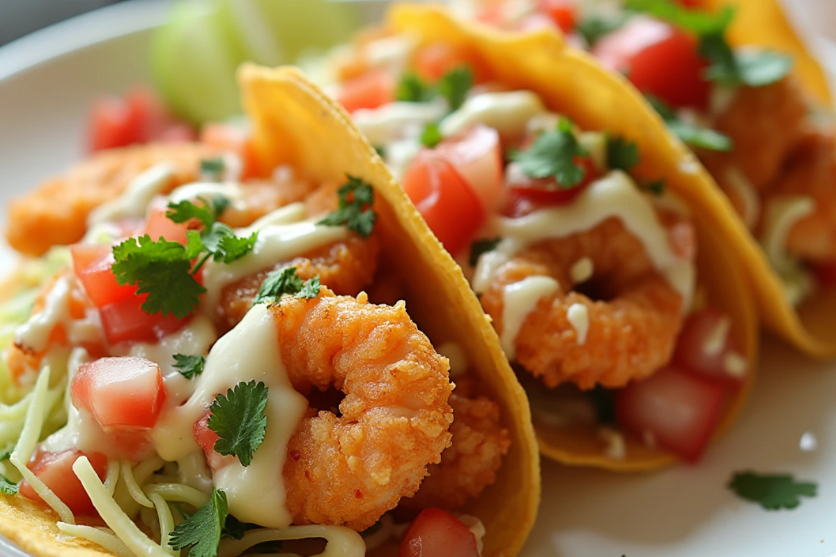 Close-up of two crispy fried shrimp tacos on a wooden platter, garnished with fresh toppings.