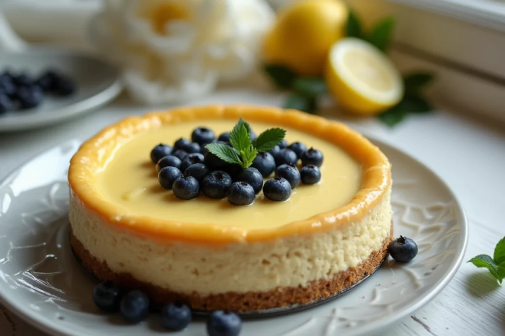 Slice of lemon blueberry cheesecake on a plate.