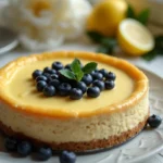 Slice of lemon blueberry cheesecake on a plate.