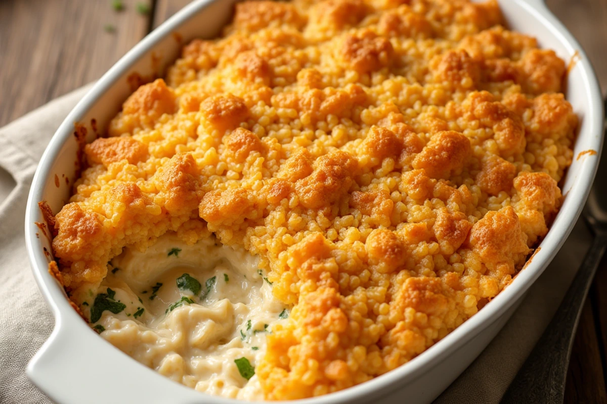 Close-up of Ritz Chicken Casserole with crispy Ritz cracker topping and creamy filling.