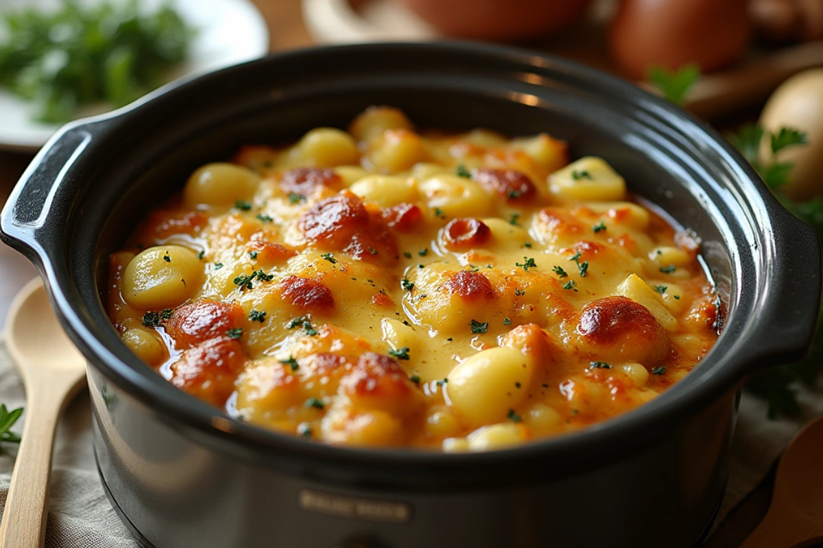 Scalloped ham and potatoes in crockpot, creamy and bubbly.