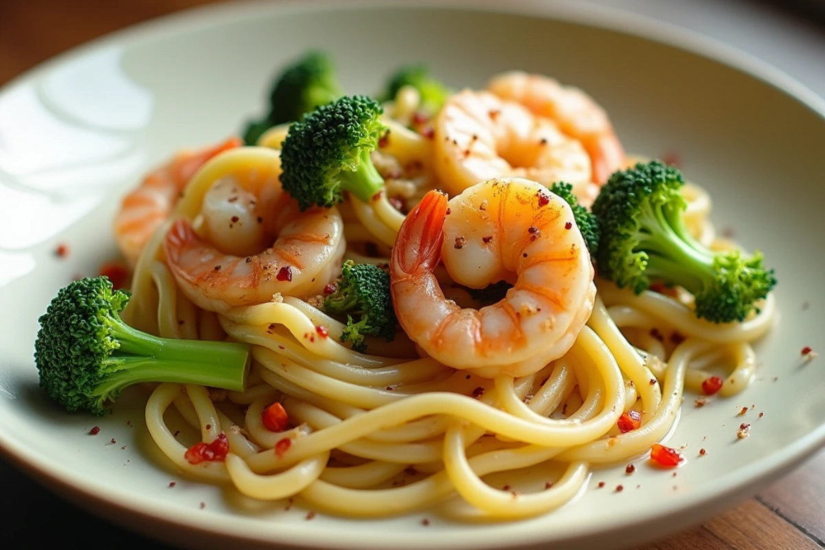 Creamy Shrimp and Broccoli Pasta Dish, Overhead View