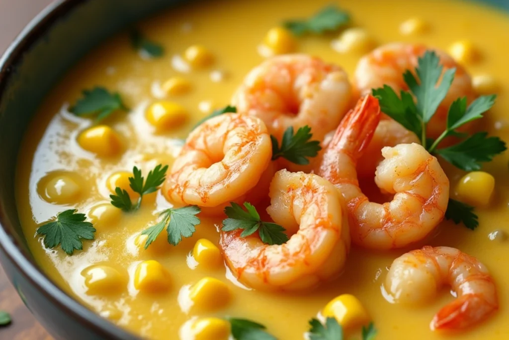 Ingredients for shrimp and corn chowder recipe, including shrimp, corn, butter, and spices.