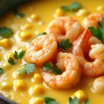 Ingredients for shrimp and corn chowder recipe, including shrimp, corn, butter, and spices.