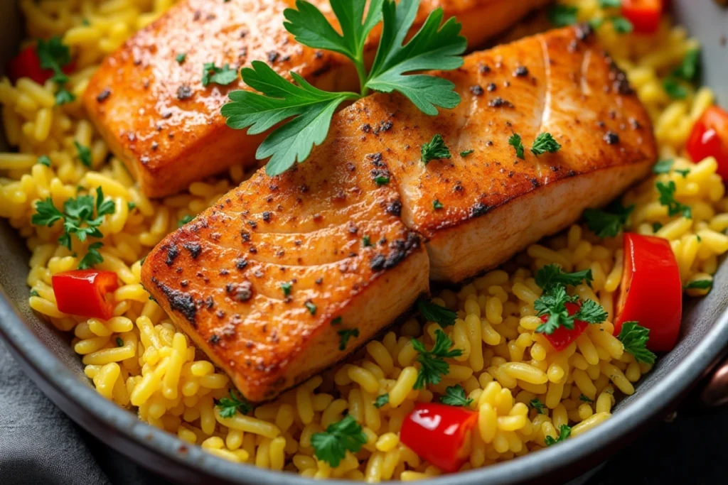 Fast one pot salmon and rice healthy recipe, ready to eat.