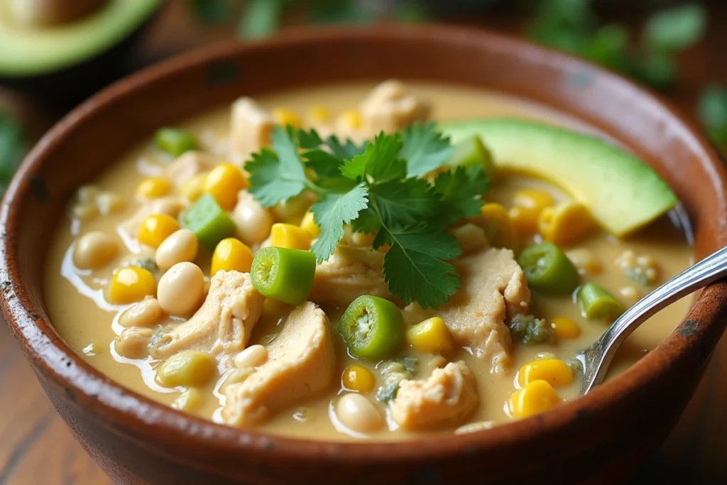 Close-up of creamy dairy-free chicken chili topped with avocado slices and fresh cilantro