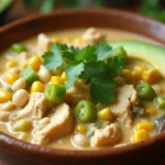 Close-up of creamy dairy-free chicken chili topped with avocado slices and fresh cilantro