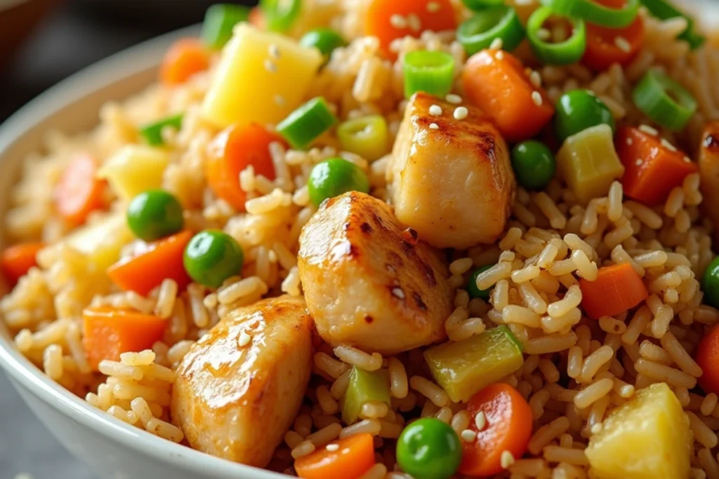 Delicious Pineapple Chicken Fried Rice served in a bowl" or "Homemade Pineapple Chicken Fried Rice with vibrant vegetables and tender chicken.