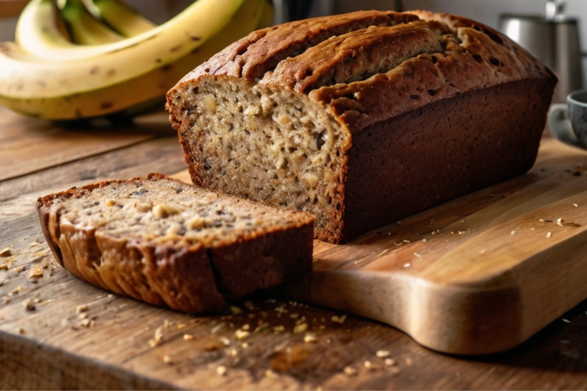 Banana bread batter in loaf pan, ready for baking.