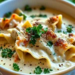 Creamy Alfredo Lasagna Soup in a white bowl, topped with cheese and basil.