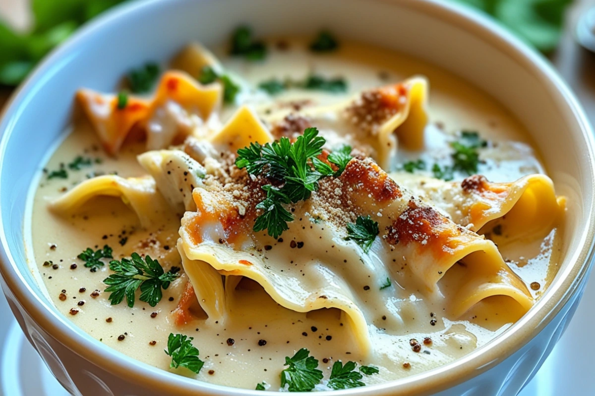 Creamy Alfredo Lasagna Soup in a white bowl, topped with cheese and basil.