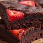 Chocolate strawberry brownies on a white plate, close up