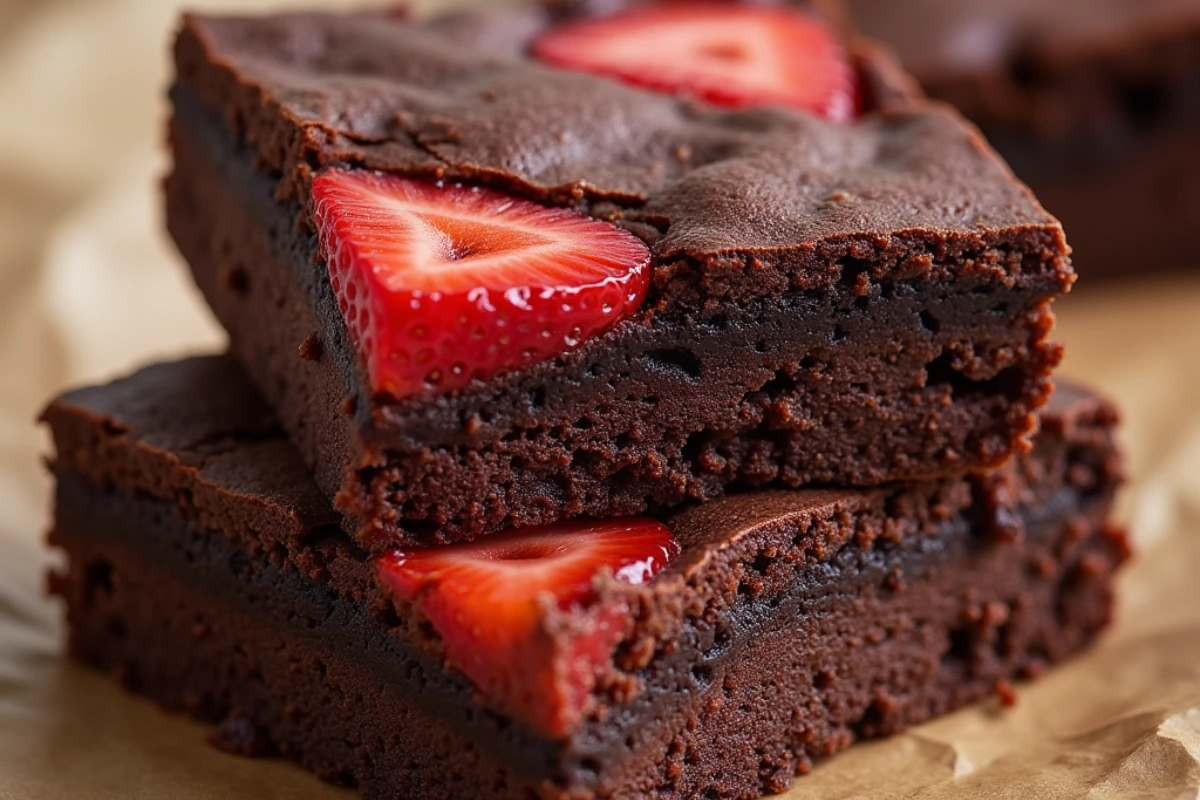 Chocolate strawberry brownies on a white plate, close up