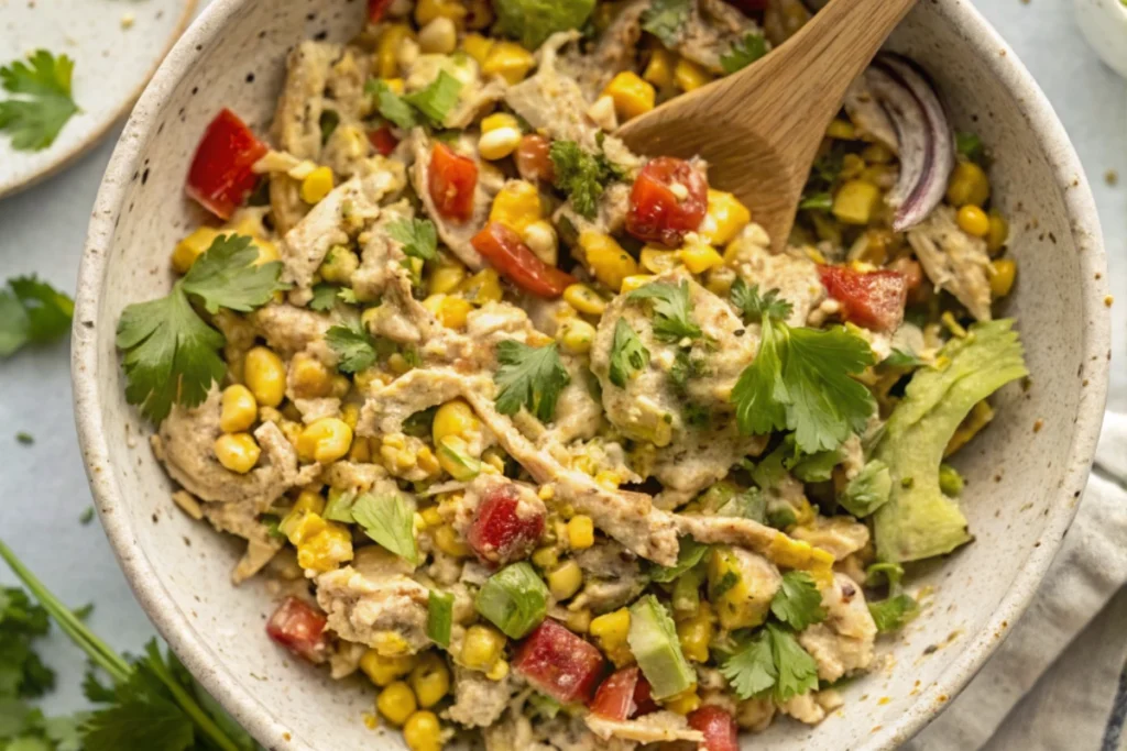 Shredding cooked chicken breast for Mexican Chicken Salad