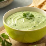 What is in creamy cilantro sauce? A bowl of homemade creamy cilantro sauce with lime and chips.