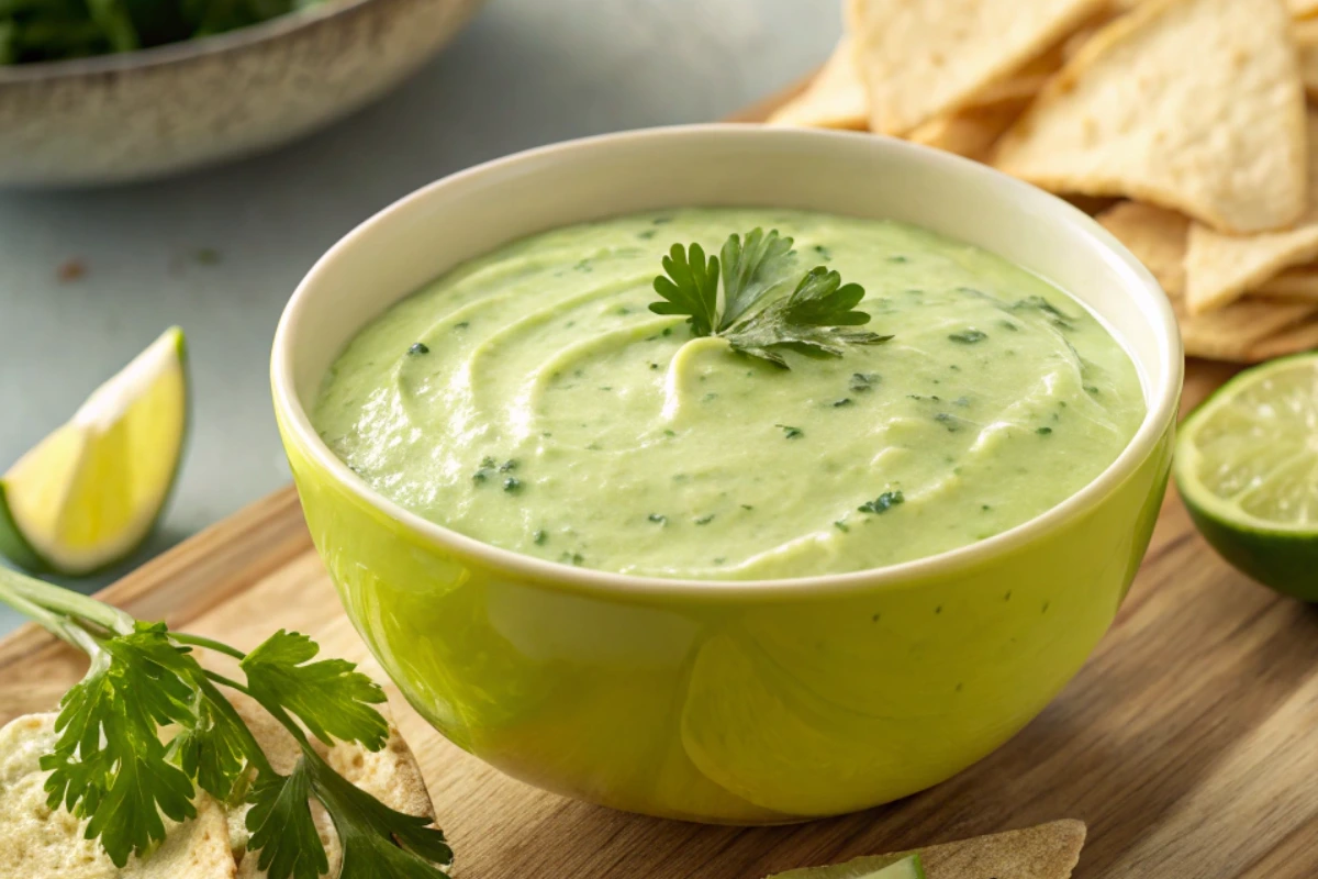 What is in creamy cilantro sauce? A bowl of homemade creamy cilantro sauce with lime and chips.