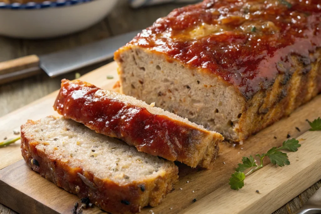 Delicious golden brown chicken meatloaf with sweet glaze - easy meatloaf recipe.
